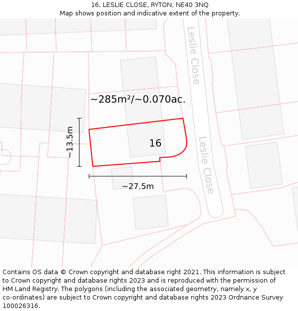 16, LESLIE CLOSE, RYTON, NE40 3NQ: Plot and title map