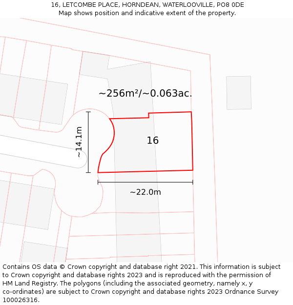 16, LETCOMBE PLACE, HORNDEAN, WATERLOOVILLE, PO8 0DE: Plot and title map