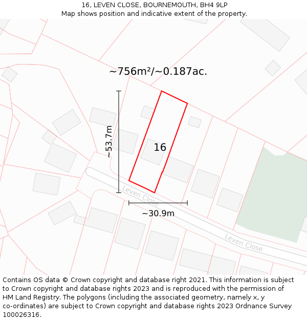 16, LEVEN CLOSE, BOURNEMOUTH, BH4 9LP: Plot and title map