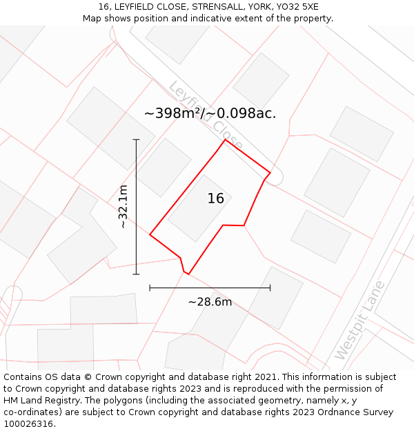 16, LEYFIELD CLOSE, STRENSALL, YORK, YO32 5XE: Plot and title map