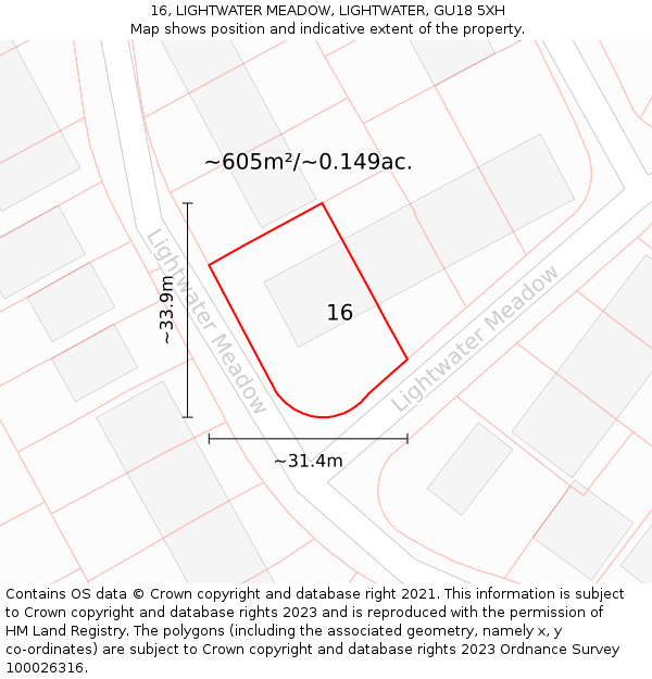 16, LIGHTWATER MEADOW, LIGHTWATER, GU18 5XH: Plot and title map