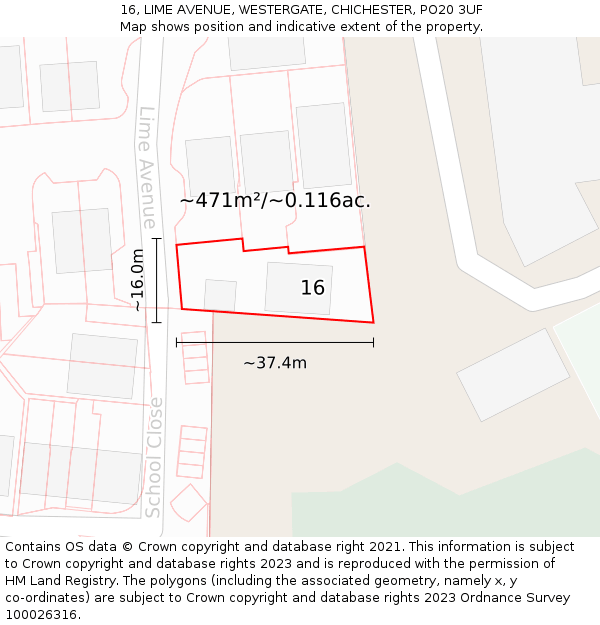 16, LIME AVENUE, WESTERGATE, CHICHESTER, PO20 3UF: Plot and title map