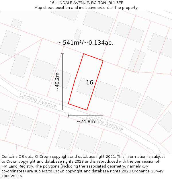 16, LINDALE AVENUE, BOLTON, BL1 5EF: Plot and title map