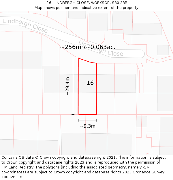 16, LINDBERGH CLOSE, WORKSOP, S80 3RB: Plot and title map