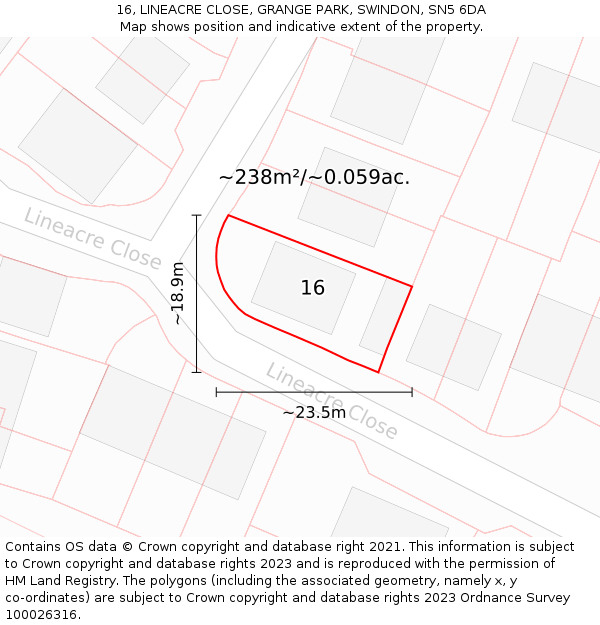 16, LINEACRE CLOSE, GRANGE PARK, SWINDON, SN5 6DA: Plot and title map