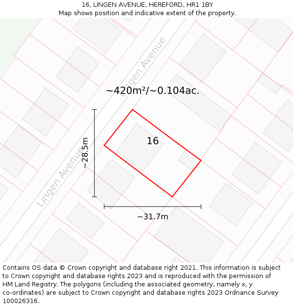 16, LINGEN AVENUE, HEREFORD, HR1 1BY: Plot and title map