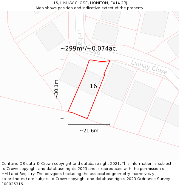 16, LINHAY CLOSE, HONITON, EX14 2BJ: Plot and title map