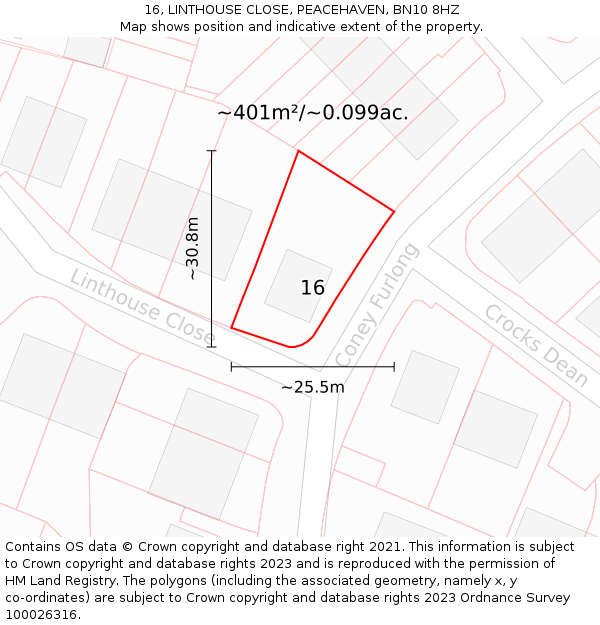 16, LINTHOUSE CLOSE, PEACEHAVEN, BN10 8HZ: Plot and title map