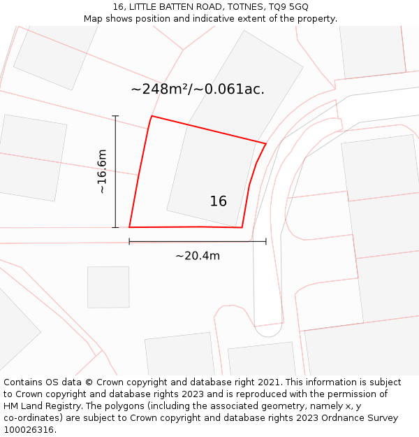 16, LITTLE BATTEN ROAD, TOTNES, TQ9 5GQ: Plot and title map