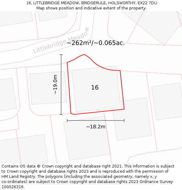 16, LITTLEBRIDGE MEADOW, BRIDGERULE, HOLSWORTHY, EX22 7DU: Plot and title map