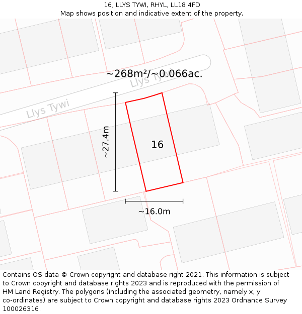 16, LLYS TYWI, RHYL, LL18 4FD: Plot and title map