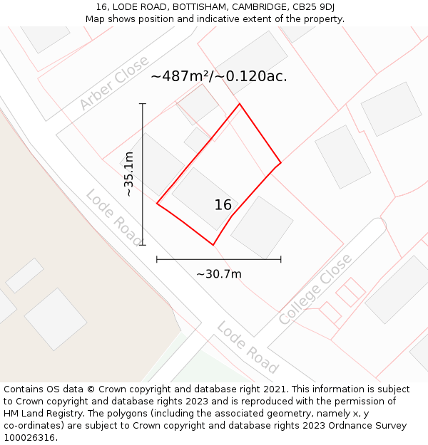 16, LODE ROAD, BOTTISHAM, CAMBRIDGE, CB25 9DJ: Plot and title map