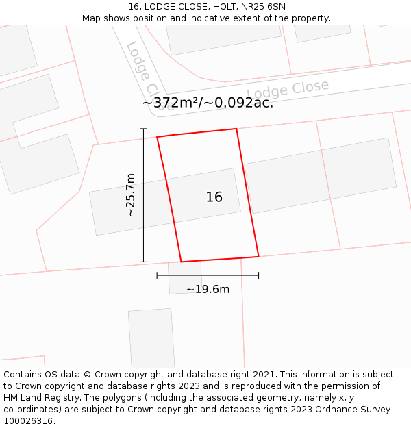 16, LODGE CLOSE, HOLT, NR25 6SN: Plot and title map