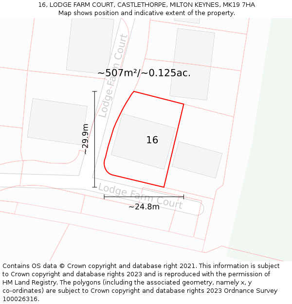 16, LODGE FARM COURT, CASTLETHORPE, MILTON KEYNES, MK19 7HA: Plot and title map