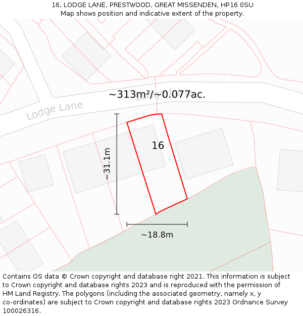 16, LODGE LANE, PRESTWOOD, GREAT MISSENDEN, HP16 0SU: Plot and title map