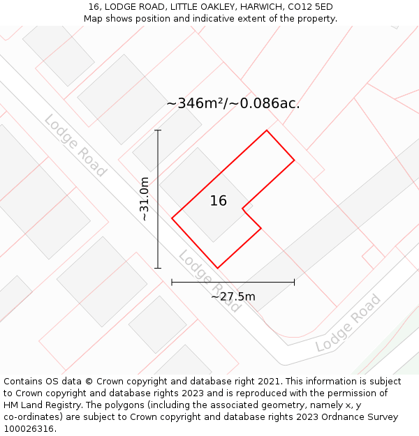 16, LODGE ROAD, LITTLE OAKLEY, HARWICH, CO12 5ED: Plot and title map