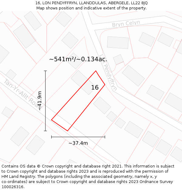 16, LON PENDYFFRYN, LLANDDULAS, ABERGELE, LL22 8JQ: Plot and title map