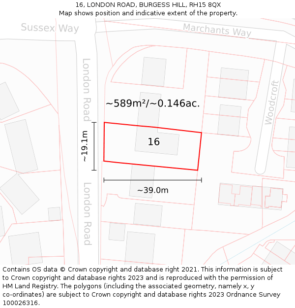 16, LONDON ROAD, BURGESS HILL, RH15 8QX: Plot and title map