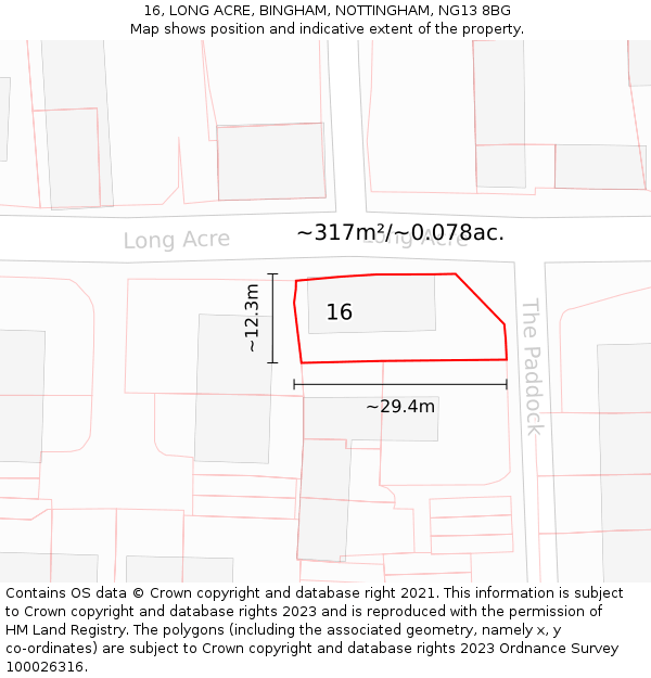 16, LONG ACRE, BINGHAM, NOTTINGHAM, NG13 8BG: Plot and title map