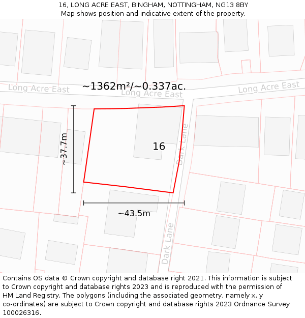 16, LONG ACRE EAST, BINGHAM, NOTTINGHAM, NG13 8BY: Plot and title map