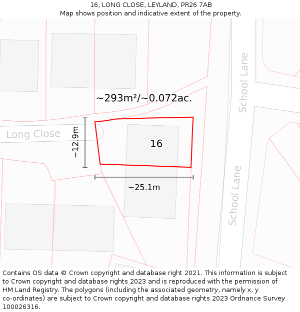 16, LONG CLOSE, LEYLAND, PR26 7AB: Plot and title map