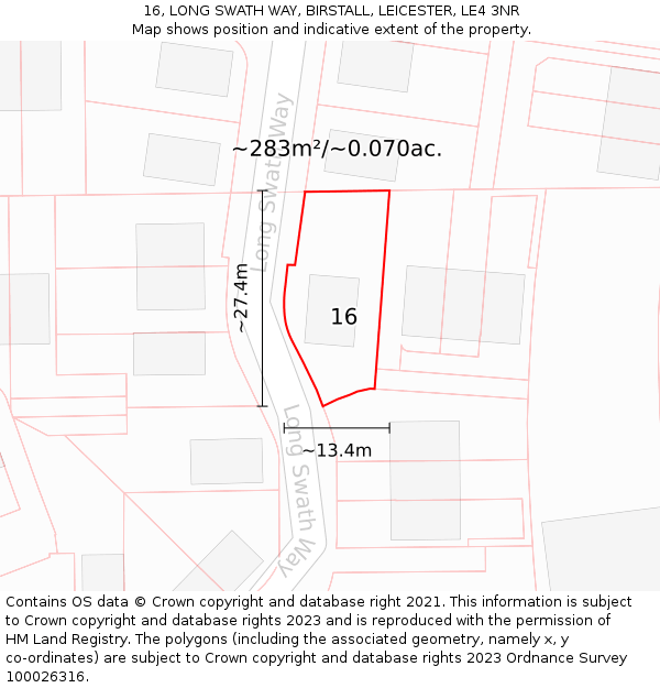 16, LONG SWATH WAY, BIRSTALL, LEICESTER, LE4 3NR: Plot and title map