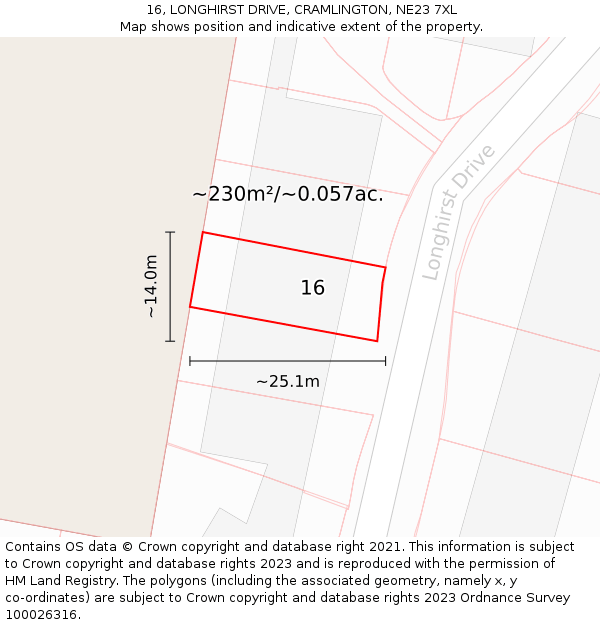 16, LONGHIRST DRIVE, CRAMLINGTON, NE23 7XL: Plot and title map