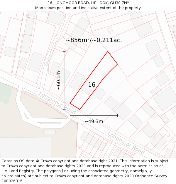 16, LONGMOOR ROAD, LIPHOOK, GU30 7NY: Plot and title map