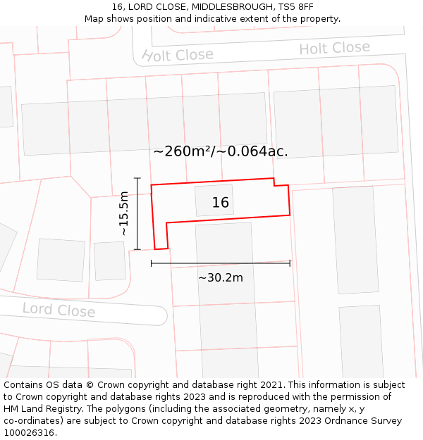 16, LORD CLOSE, MIDDLESBROUGH, TS5 8FF: Plot and title map