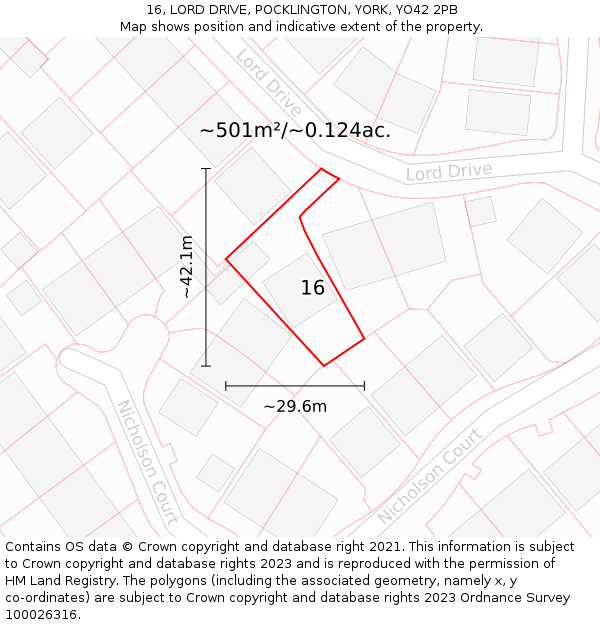 16, LORD DRIVE, POCKLINGTON, YORK, YO42 2PB: Plot and title map