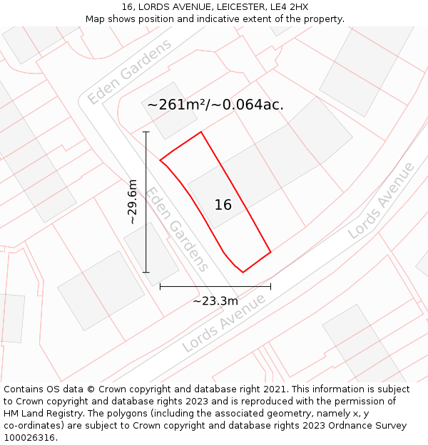 16, LORDS AVENUE, LEICESTER, LE4 2HX: Plot and title map