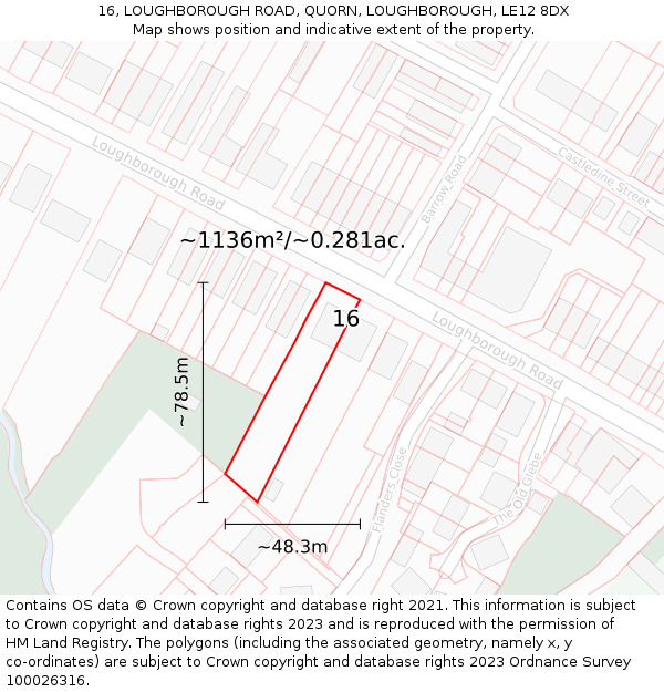 16, LOUGHBOROUGH ROAD, QUORN, LOUGHBOROUGH, LE12 8DX: Plot and title map
