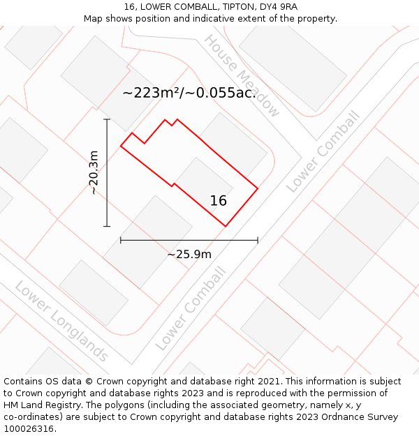 16, LOWER COMBALL, TIPTON, DY4 9RA: Plot and title map