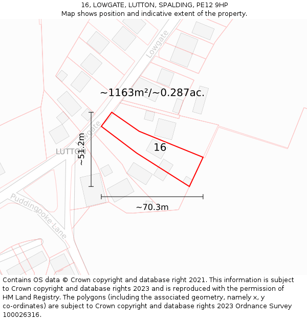 16, LOWGATE, LUTTON, SPALDING, PE12 9HP: Plot and title map