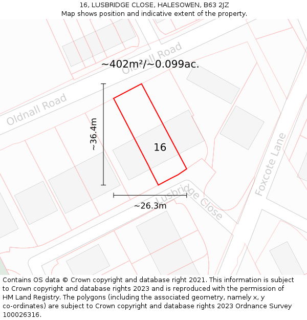 16, LUSBRIDGE CLOSE, HALESOWEN, B63 2JZ: Plot and title map