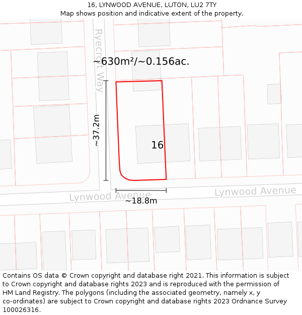 16, LYNWOOD AVENUE, LUTON, LU2 7TY: Plot and title map