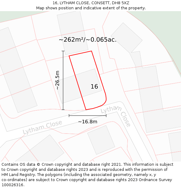 16, LYTHAM CLOSE, CONSETT, DH8 5XZ: Plot and title map