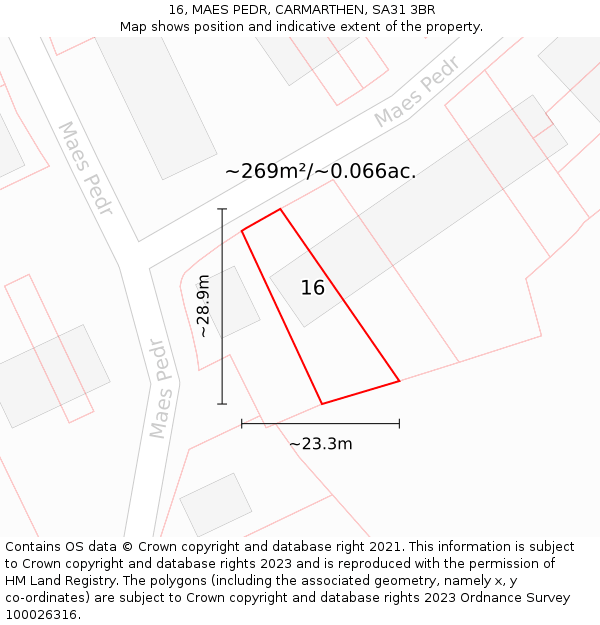 16, MAES PEDR, CARMARTHEN, SA31 3BR: Plot and title map