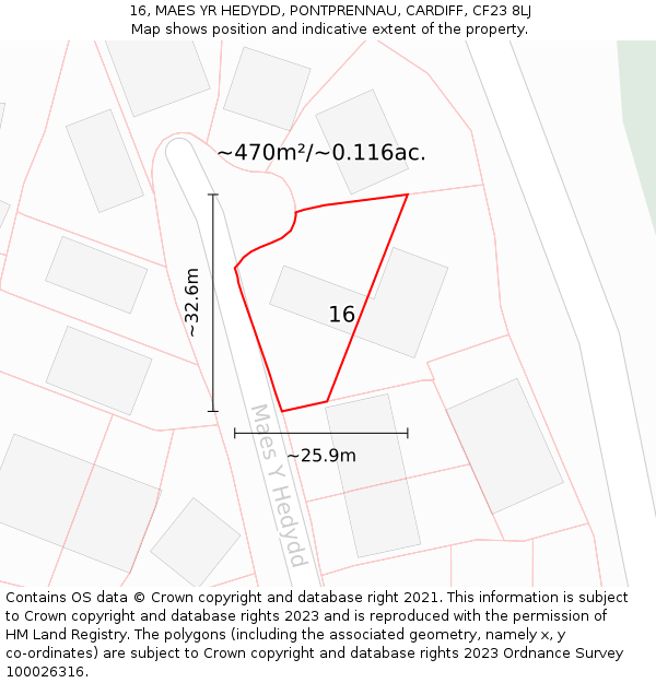 16, MAES YR HEDYDD, PONTPRENNAU, CARDIFF, CF23 8LJ: Plot and title map