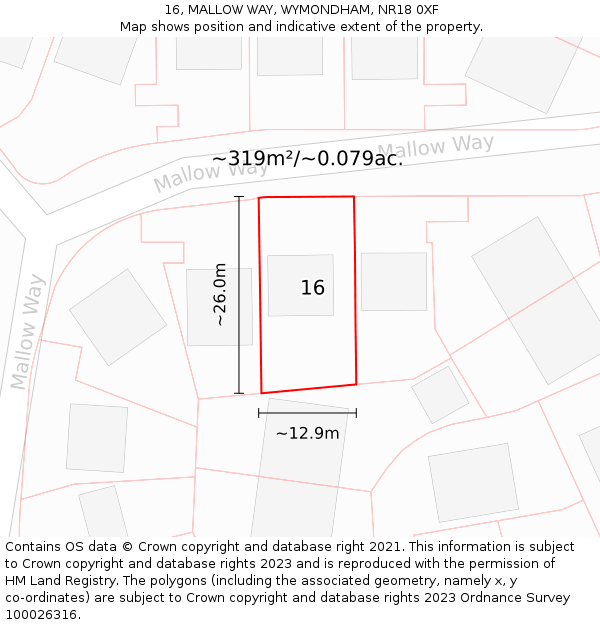 16, MALLOW WAY, WYMONDHAM, NR18 0XF: Plot and title map