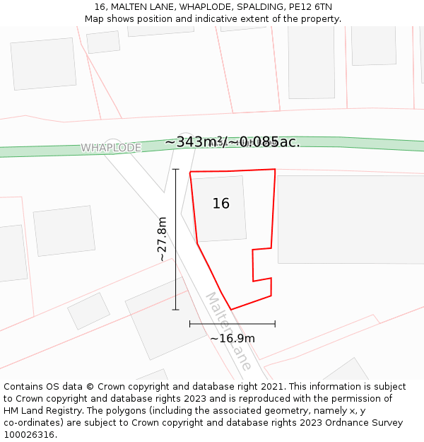 16, MALTEN LANE, WHAPLODE, SPALDING, PE12 6TN: Plot and title map