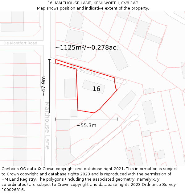 16, MALTHOUSE LANE, KENILWORTH, CV8 1AB: Plot and title map