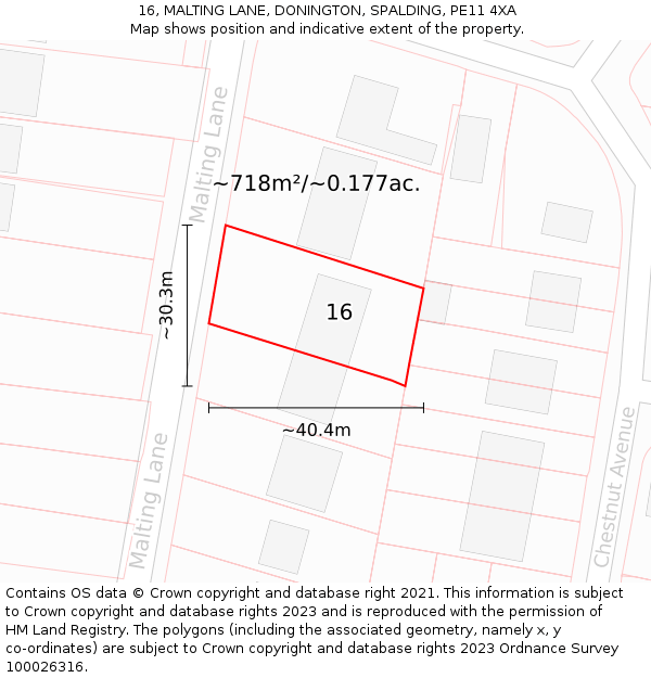 16, MALTING LANE, DONINGTON, SPALDING, PE11 4XA: Plot and title map