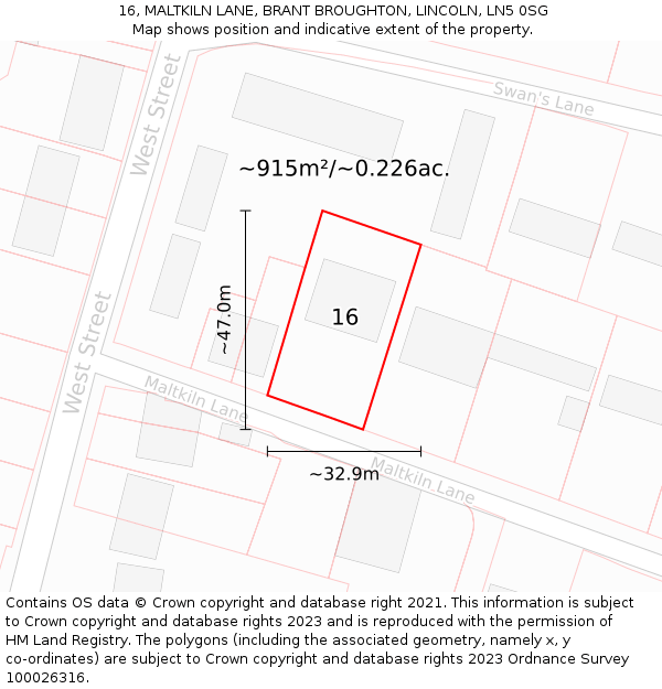 16, MALTKILN LANE, BRANT BROUGHTON, LINCOLN, LN5 0SG: Plot and title map