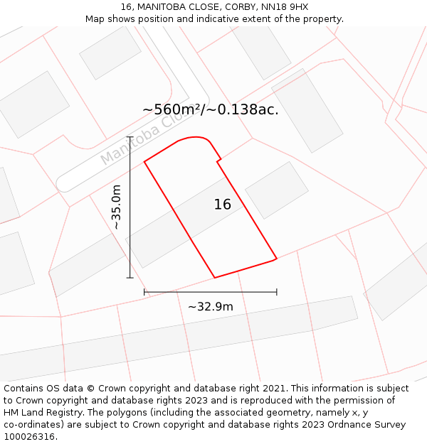 16, MANITOBA CLOSE, CORBY, NN18 9HX: Plot and title map