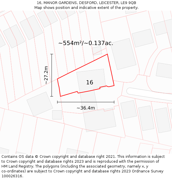 16, MANOR GARDENS, DESFORD, LEICESTER, LE9 9QB: Plot and title map