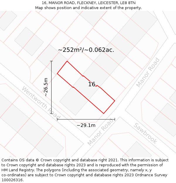 16, MANOR ROAD, FLECKNEY, LEICESTER, LE8 8TN: Plot and title map