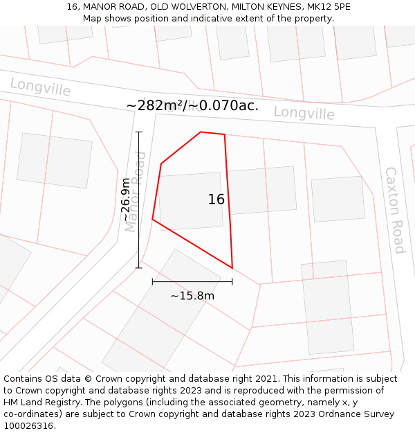 16, MANOR ROAD, OLD WOLVERTON, MILTON KEYNES, MK12 5PE: Plot and title map