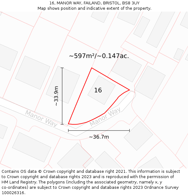 16, MANOR WAY, FAILAND, BRISTOL, BS8 3UY: Plot and title map