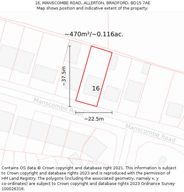 16, MANSCOMBE ROAD, ALLERTON, BRADFORD, BD15 7AE: Plot and title map